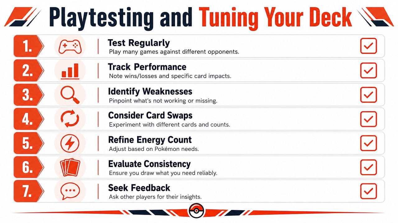 A checklist infographic titled Playtesting and Tuning Your Deck, outlining seven steps to optimize a Pokémon deck.