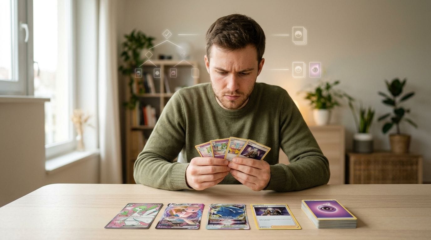 A focused man sitting at a table thoughtfully reviewing his collection of Pokemon trading cards.