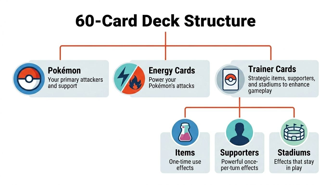 A diagram outlining the 60-card structure of a Pokemon Trading Card Game deck, detailing Pokémon, energy, and trainer types.